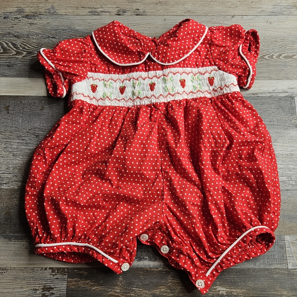 Rachel Riley Strawberry Smocked Babysuit Size 12 Months Red With White Polka Dot